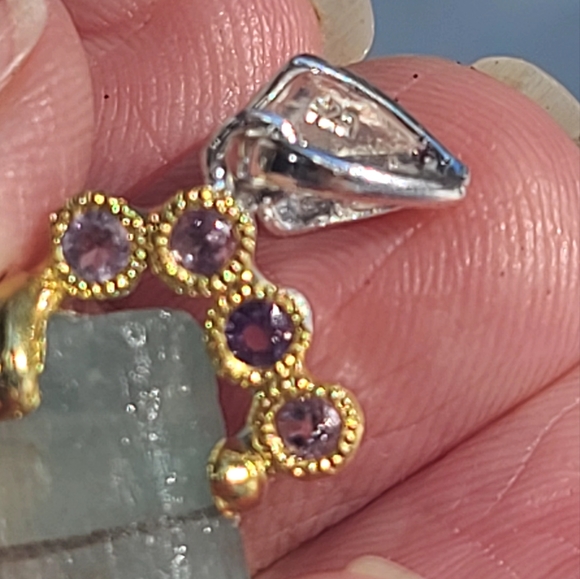 HUGE natural 15.1k Aquamarine pillar Amethyst & sterling pendant - Picture 3 of 7